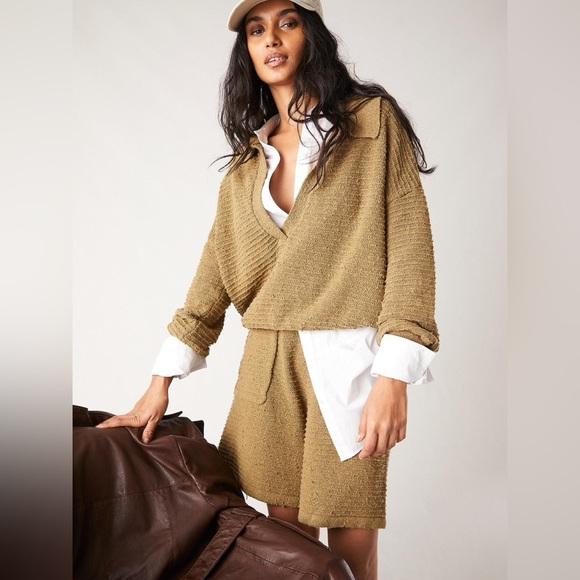 Free People Beach Carter Sweater Set Beige Polo Knit Sweater and Shorts Size XS - Picture 2 of 11